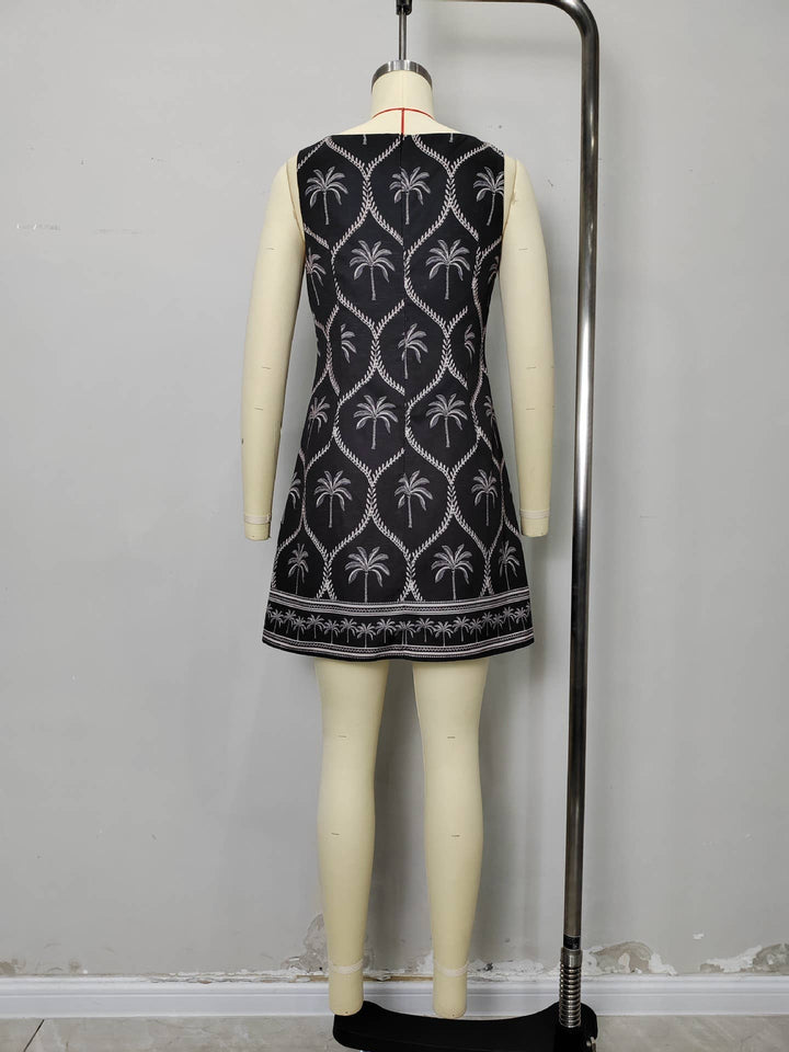PALM PRINT EMBROIDERED SLEEVELESS SHEATH DRESS - BLACK