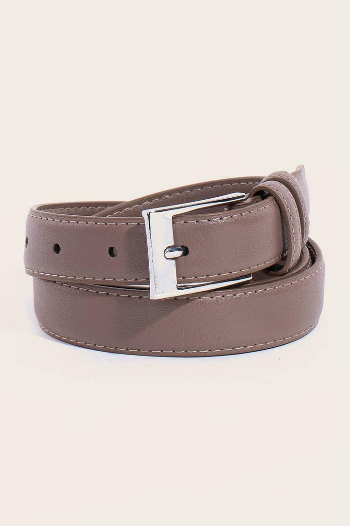 STITCHED BORDER RECTANGLE BUCKLE LEATHER BELT - TAUPE