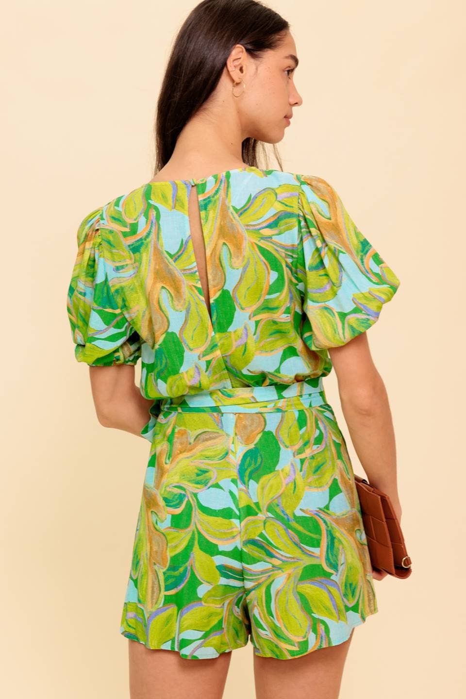 PRINTED WOVEN SKORT ROMPER - GREEN