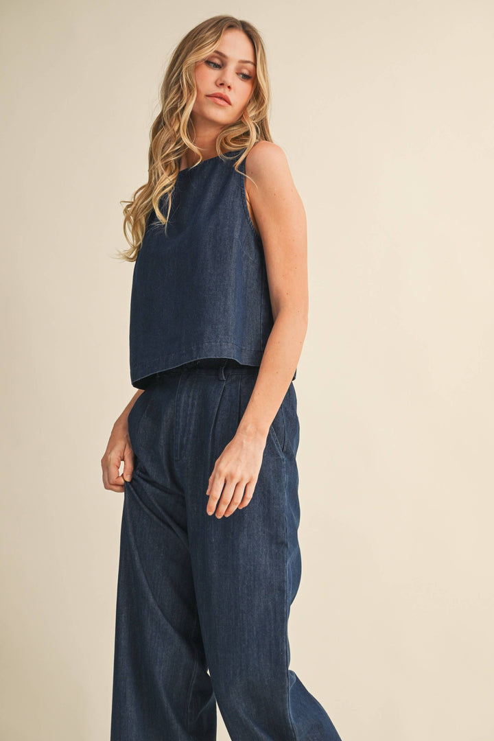 DENIM SLEEVELESS TOP + PANTS SET - INDIGO