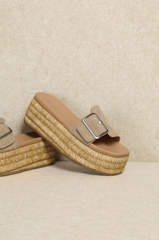 WANIKA RAFFIA PLATFORM SLIDE SANDALS - SANDSTONE