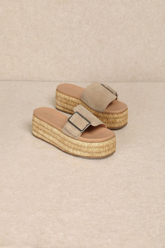 WANIKA RAFFIA PLATFORM SLIDE SANDALS - SANDSTONE