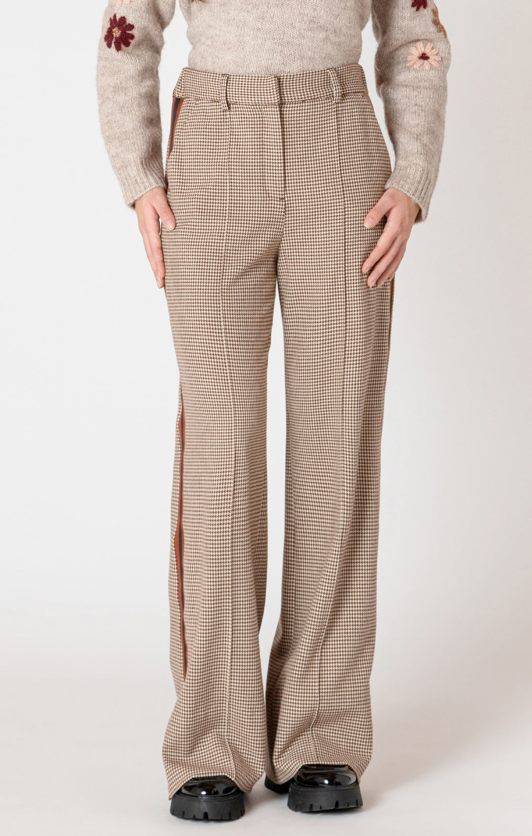KNIT WIDE LEG HOUNDSTOOTH PANT - NATURAL