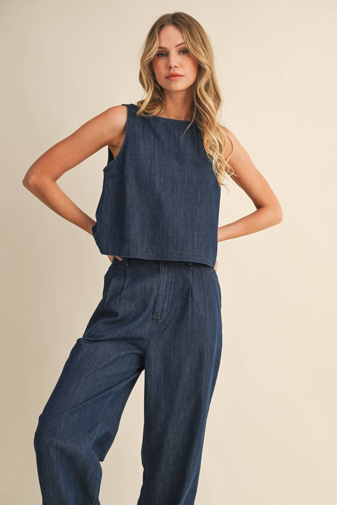 DENIM SLEEVELESS TOP + PANTS SET - INDIGO