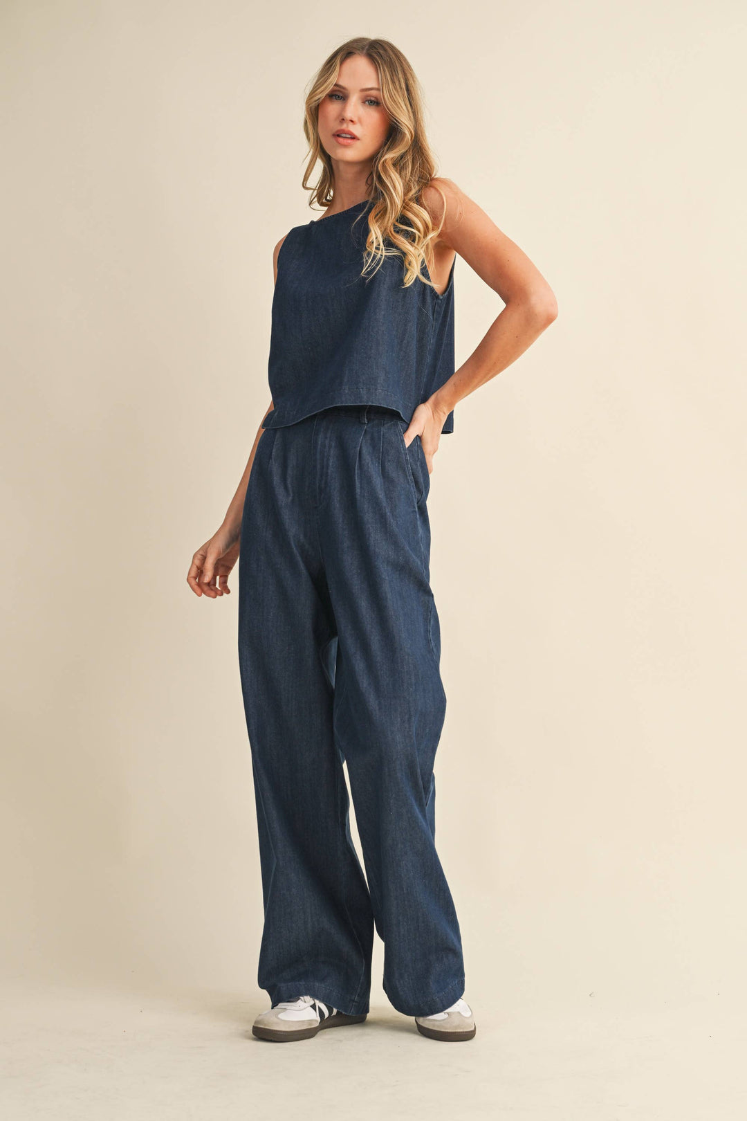 DENIM SLEEVELESS TOP + PANTS SET - INDIGO