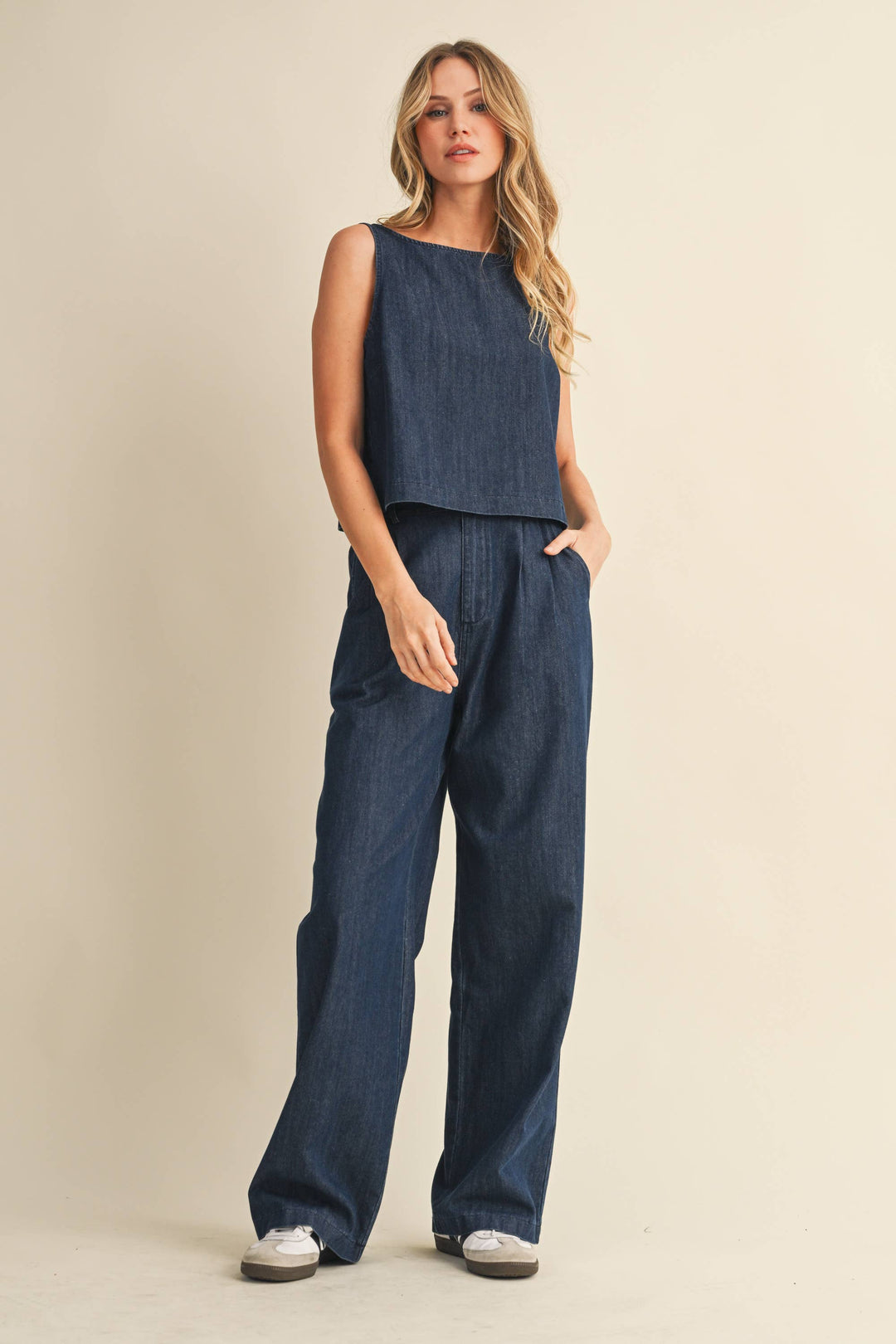 DENIM SLEEVELESS TOP + PANTS SET - INDIGO
