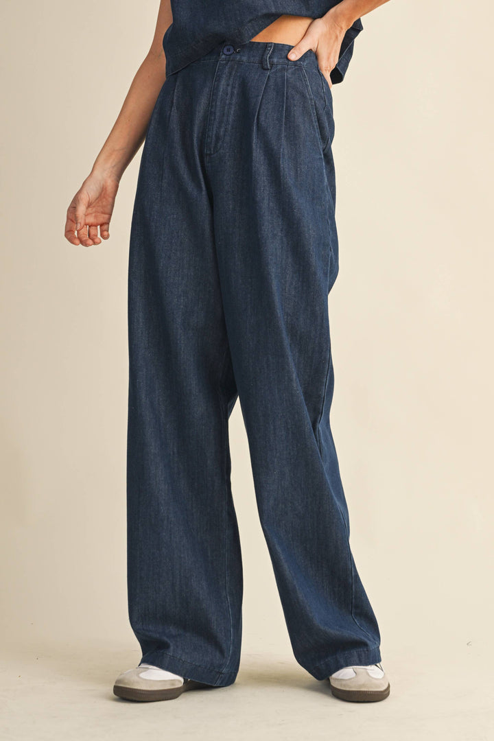 DENIM SLEEVELESS TOP + PANTS SET - INDIGO