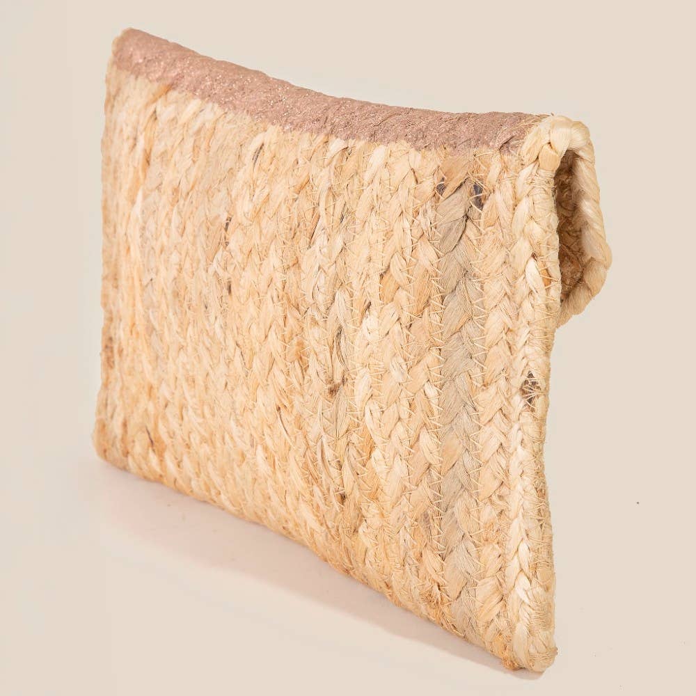 METALLIC ACCENTED JUTE ENVELOPE CLUTCH BAG - NATURAL + PINK