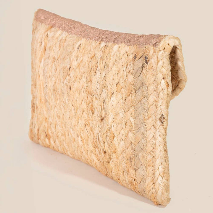 METALLIC ACCENTED JUTE ENVELOPE CLUTCH BAG - NATURAL + PINK