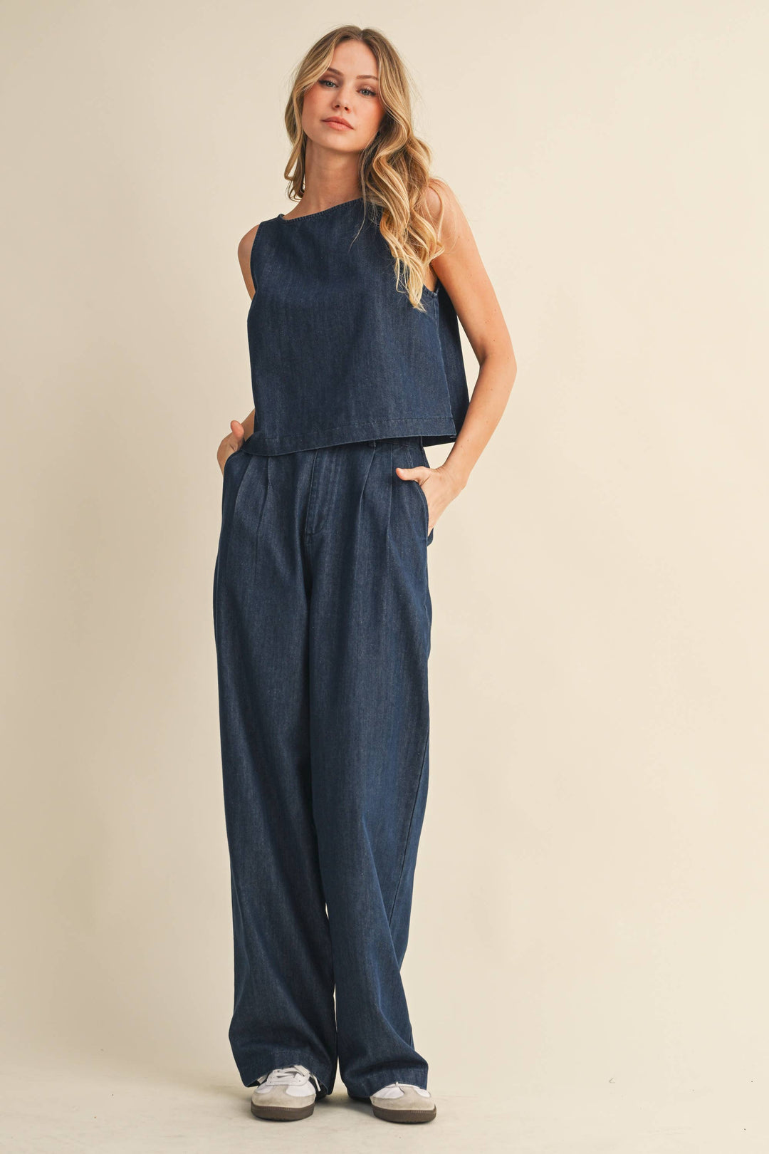 DENIM SLEEVELESS TOP + PANTS SET - INDIGO