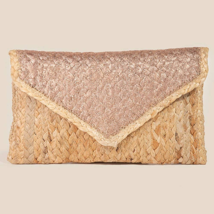 METALLIC ACCENTED JUTE ENVELOPE CLUTCH BAG - NATURAL + PINK