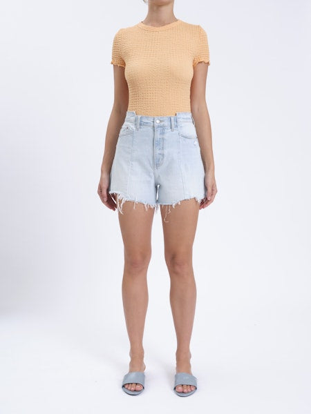 KNOCK OUT TEAR + REPAIR HIGH RISE A-LINE SHORT - LIGHT BLUE