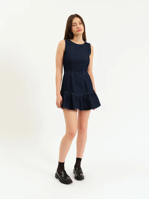 LAUREL RUFFLE DENIM DRESS - DARK WASH
