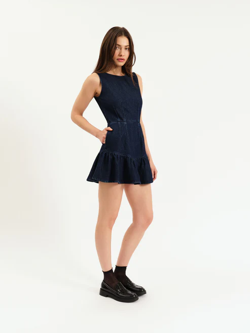 LAUREL RUFFLE DENIM DRESS - DARK WASH