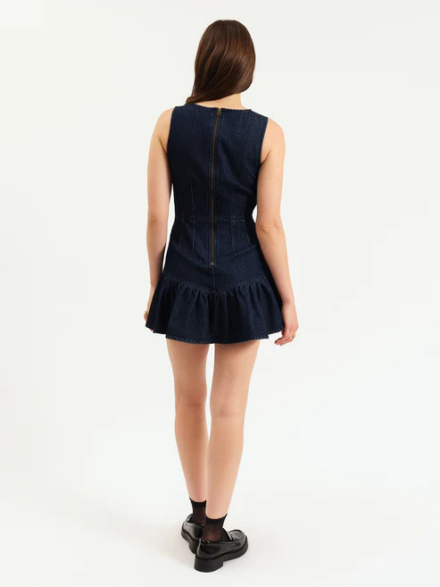 LAUREL RUFFLE DENIM DRESS - DARK WASH