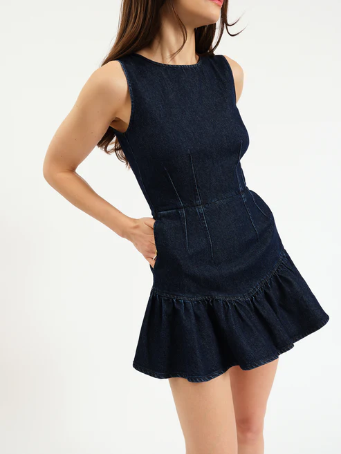 LAUREL RUFFLE DENIM DRESS - DARK WASH