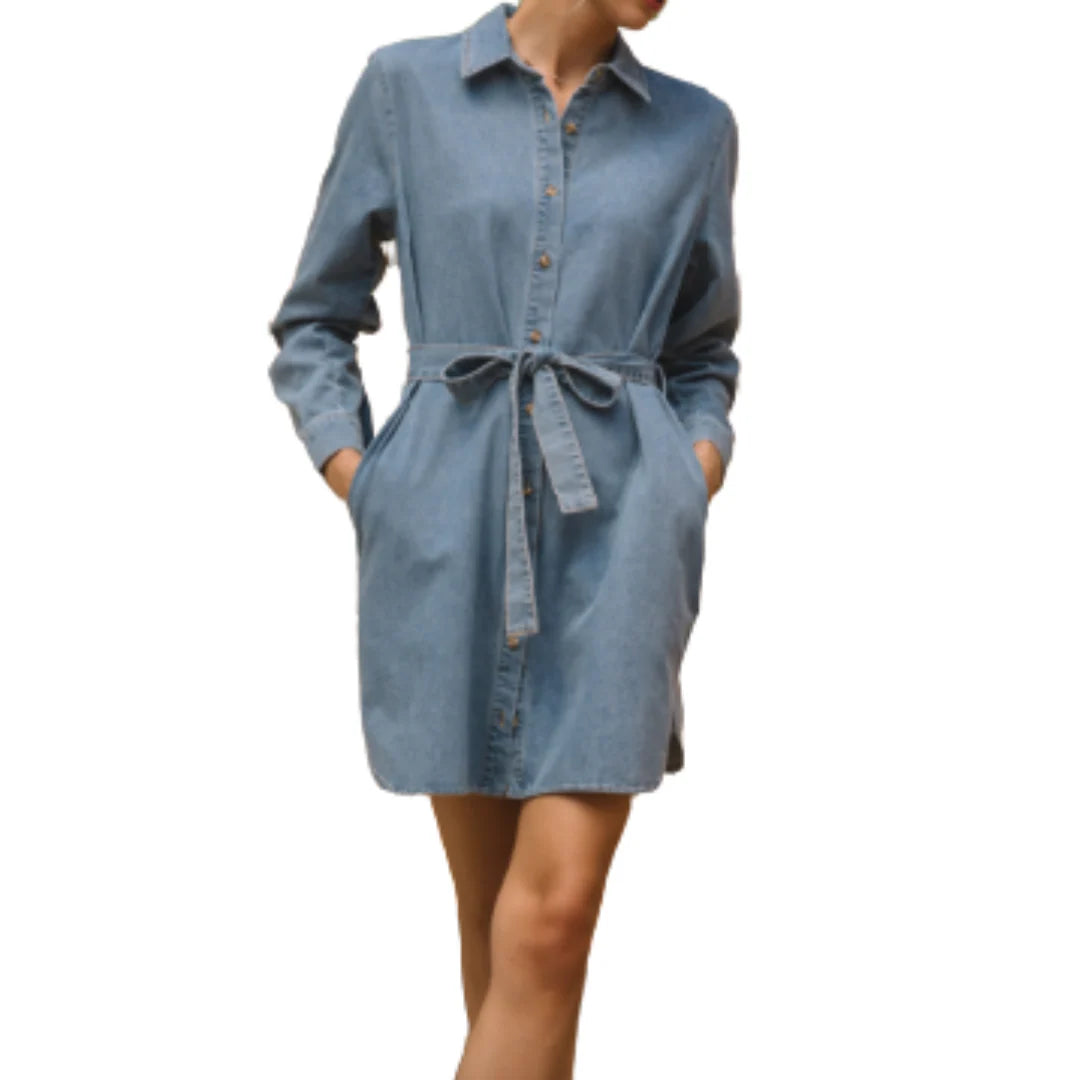BLUE WASHED BUTTON DOWN SHIRTDRESS - BLUE