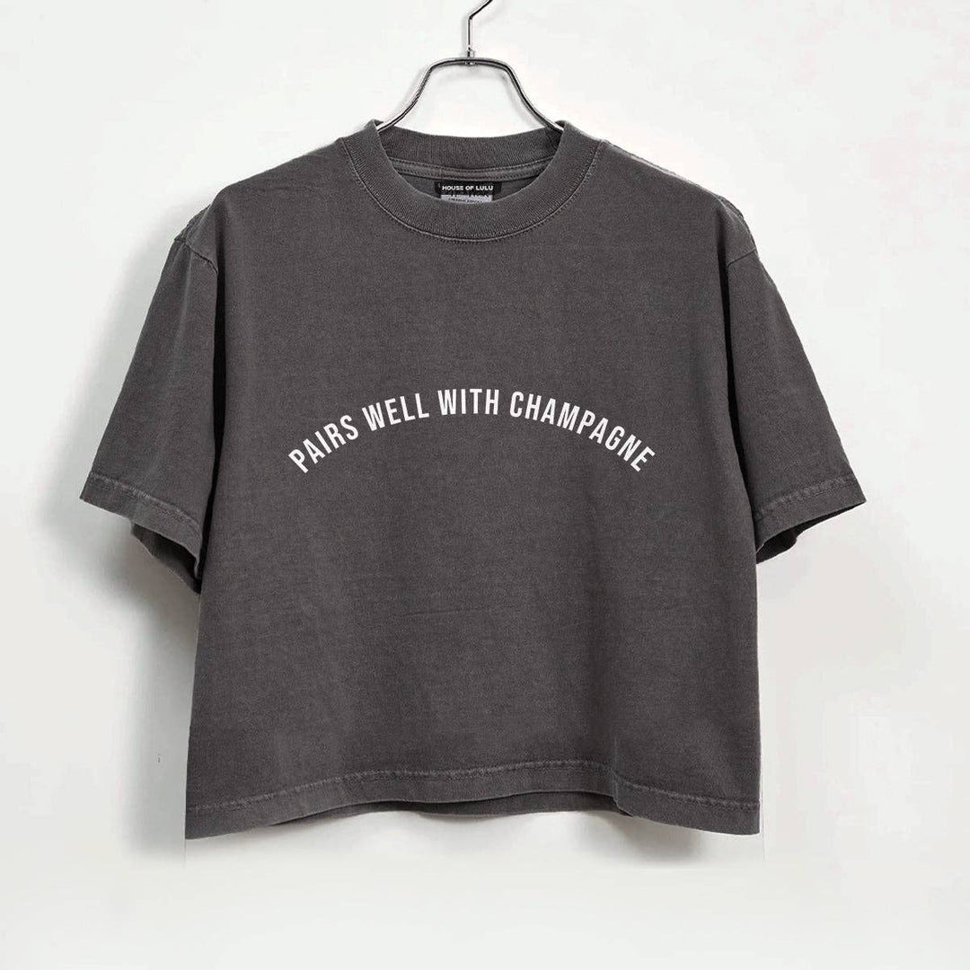 PAIRS WELL WITH CHAMPAGNE® GARMENT DYED CROP TEE - GRANITE