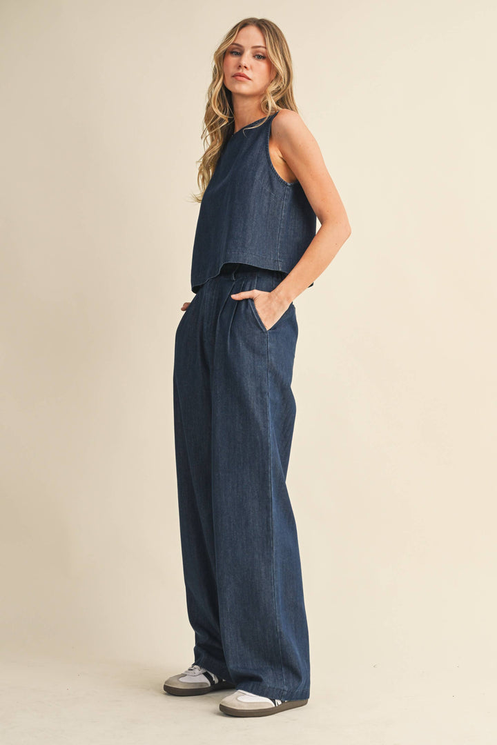DENIM SLEEVELESS TOP + PANTS SET - INDIGO