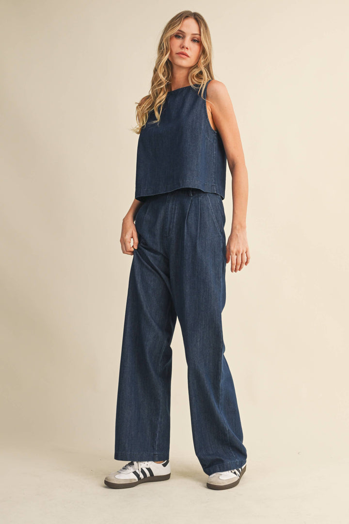 DENIM SLEEVELESS TOP + PANTS SET - INDIGO