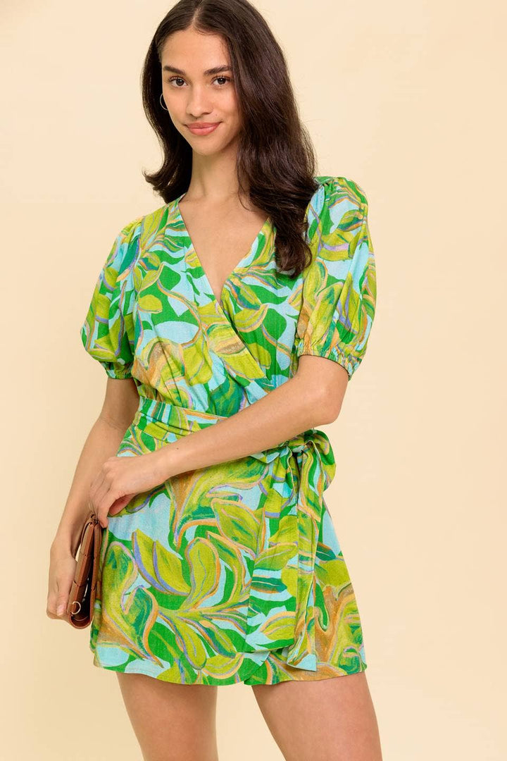PRINTED WOVEN SKORT ROMPER - GREEN