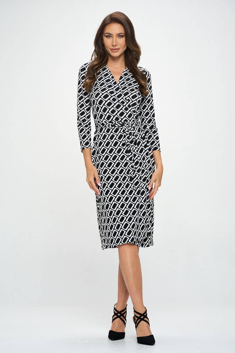 GEOMETRIC PRINT JERSEY WRAP DRESS - BLACK