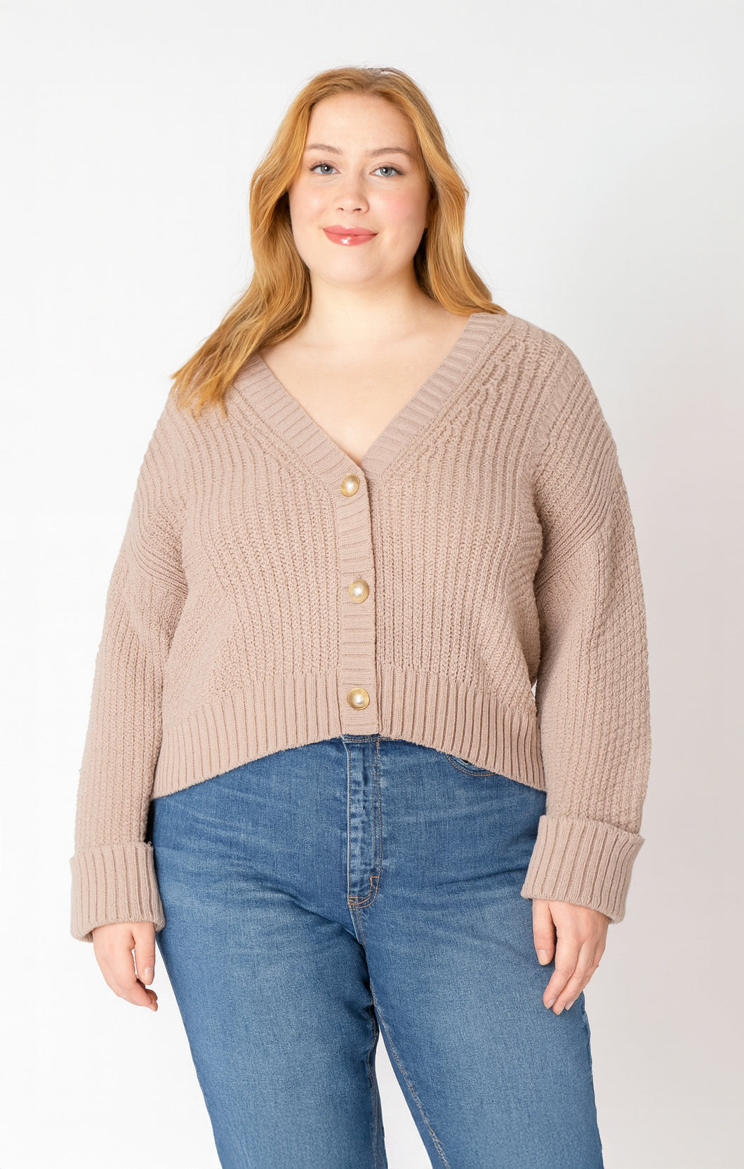 CUFFED LONGSLEEVE TEXTURED CARDIGAN - TAUPE