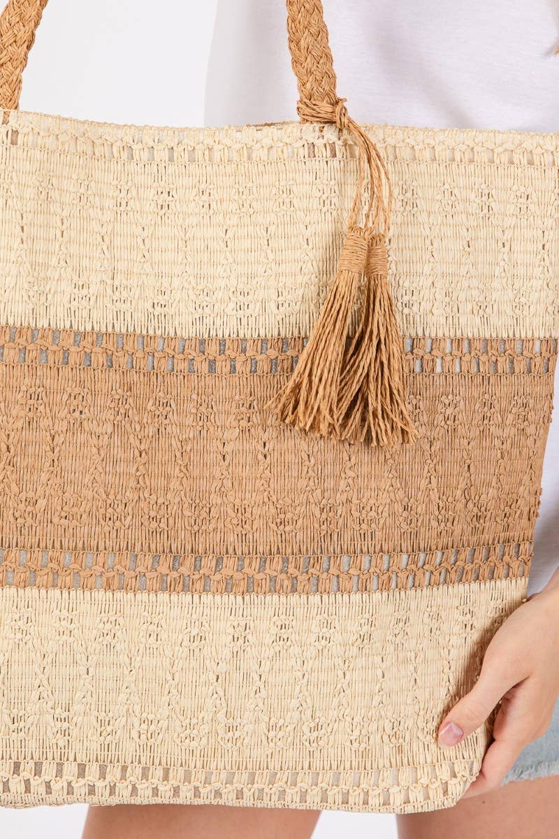 TWO TONE WOVEN TOTE BAG - TAUPE