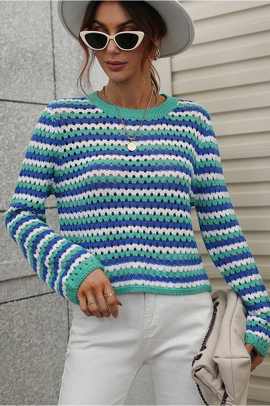 COLORED STRIPE OPEN KNIT SWEATER - GREEN