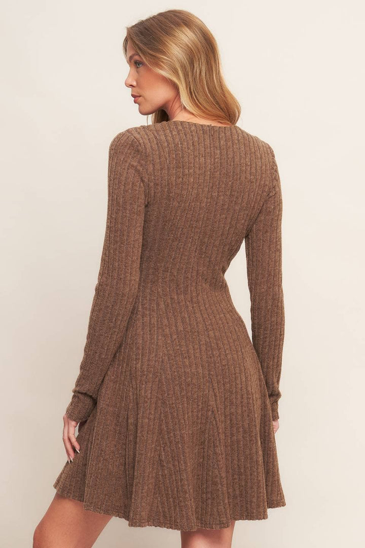BRUSHED RIBBED KNIT MINI DRESS - BURNT TOFFEE