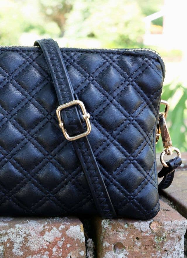 LIZ QUILTED PATENT CROSSBODY BAG - BLACK