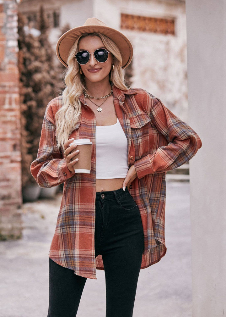 PLAID BUTTON DOWN LONG SLEEVE SHIRT - ORANGE