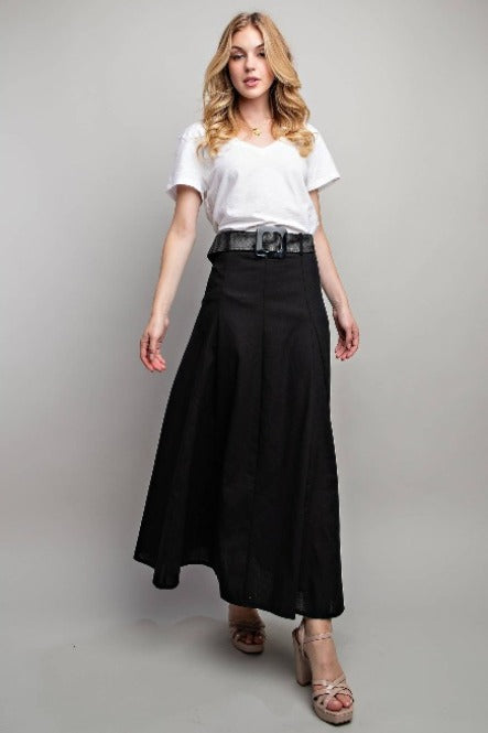 SWEET GENERIS LINEN MAXI FLARE SKIRT + BELT - BLACK