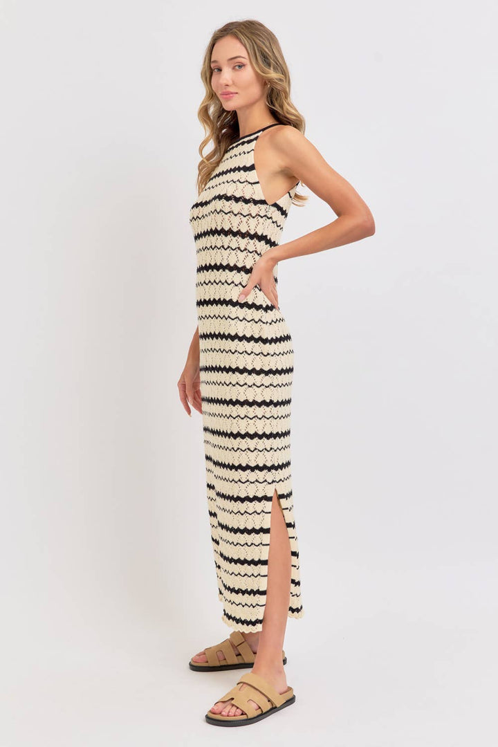 HALTER CROCHET KNIT MAXI DRESS - NATURAL