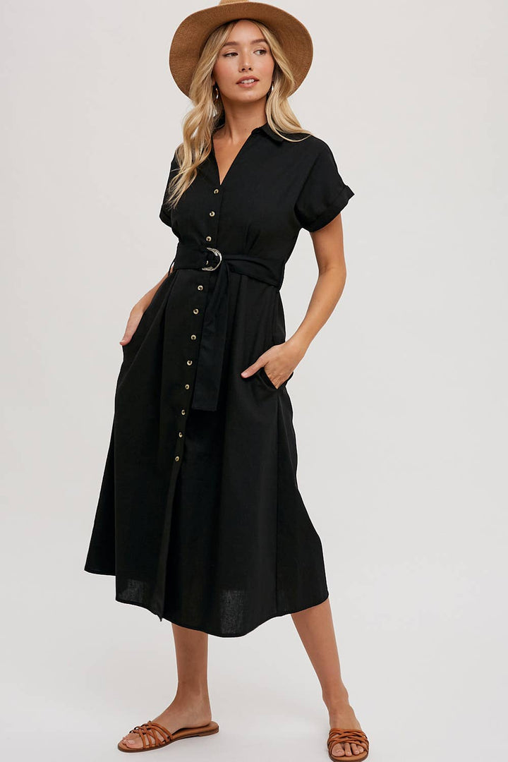 BUTTON DOWN BELTED MIDI DRESS - BLACK