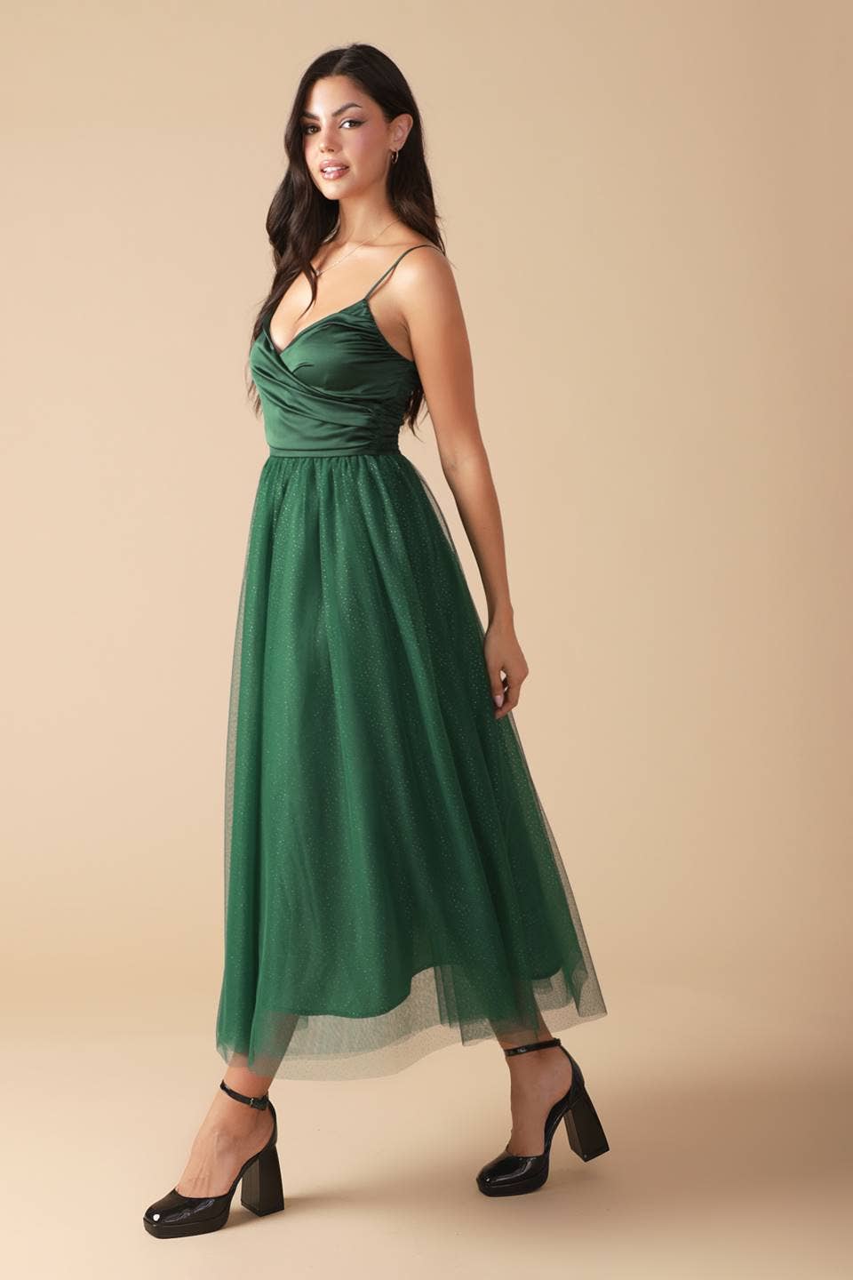 SATIN + TULLE MIDI DRESS - GREEN