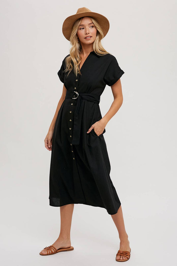 BUTTON DOWN BELTED MIDI DRESS - BLACK