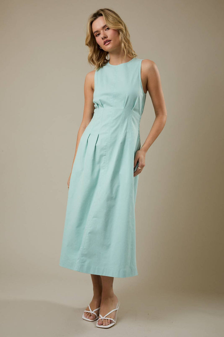 SLEEVELESS MIDI PLEATED STRETCH TWILL DRESS - MINT