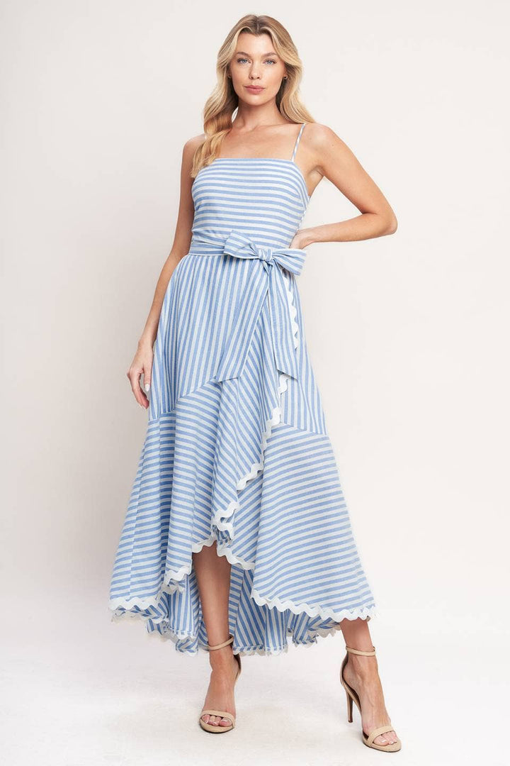 STRIPED FAUX WRAP RIC RAC MIDI DRESS - BLUE + WHITE