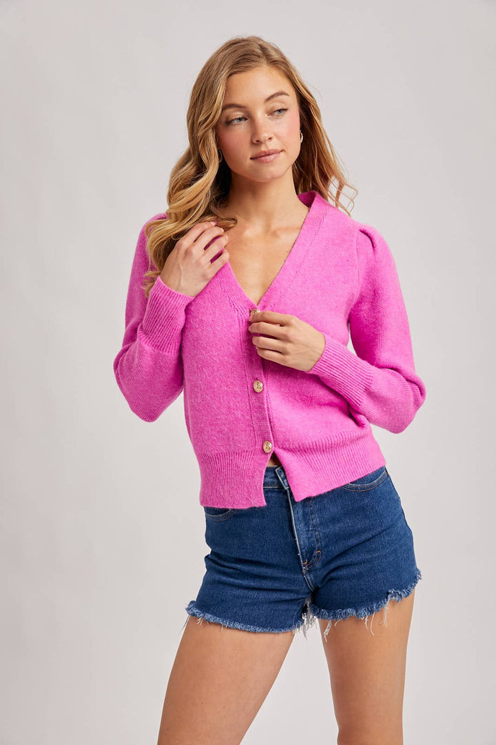 BUTTON DOWN V-NECK CARDIGAN: HOT PINK / S