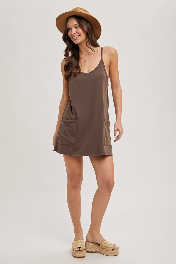 BUILT-IN SHORTS KNIT SLEEVELESS MINI DRESS - COFFEE