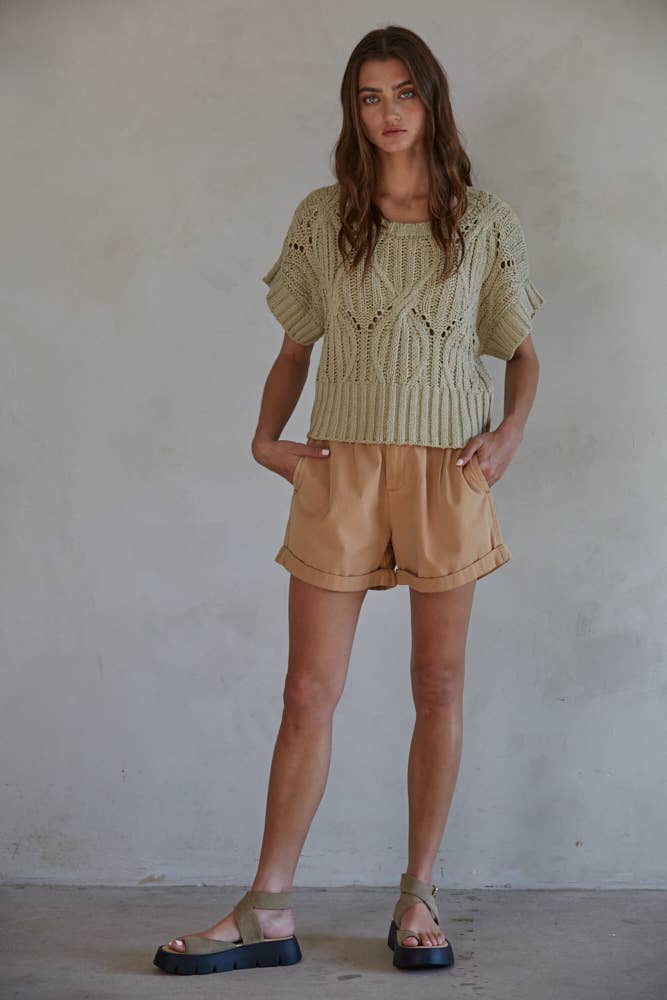 CALI CROCHET KNIT SHORT SLEEVE SWEATER - CREAM