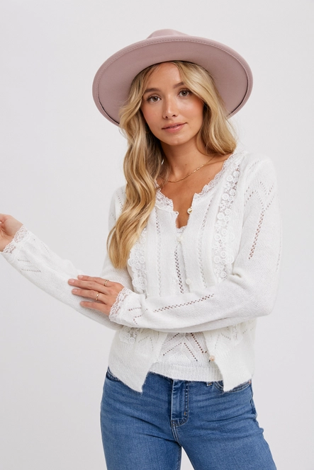 LACE TRIMMED KNIT CARDIGAN - IVORY