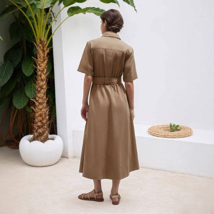 BUTTON DOWN MIDI SHIRT DRESS - KHAKI