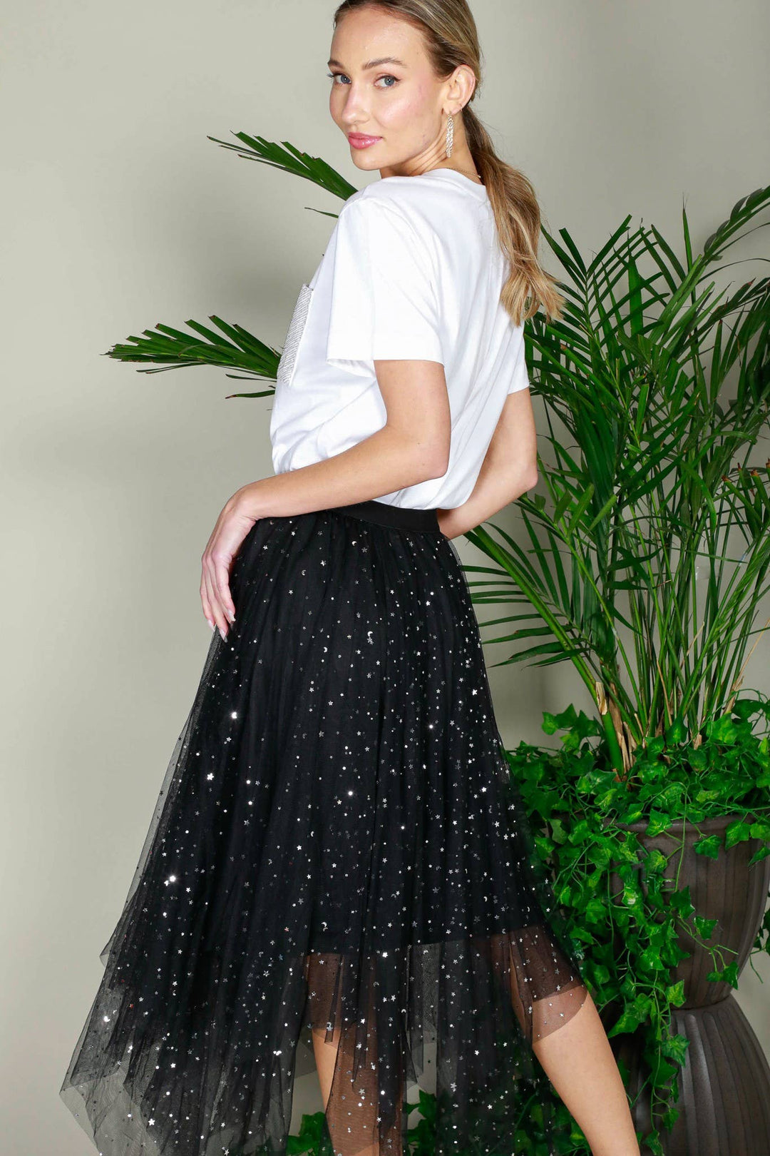 STAR PATTERNED TULLE MIDI SKIRT - BLACK