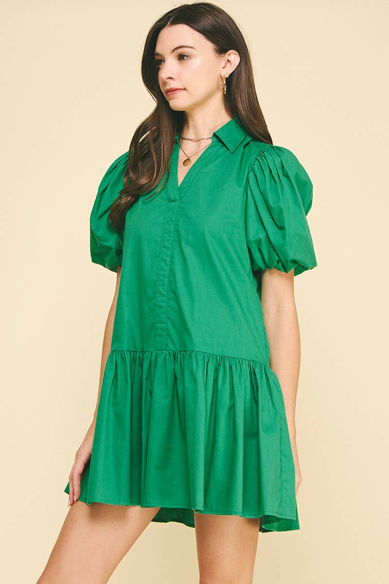 COLLARED TIERED MINI DRESS - KELLY GREEN