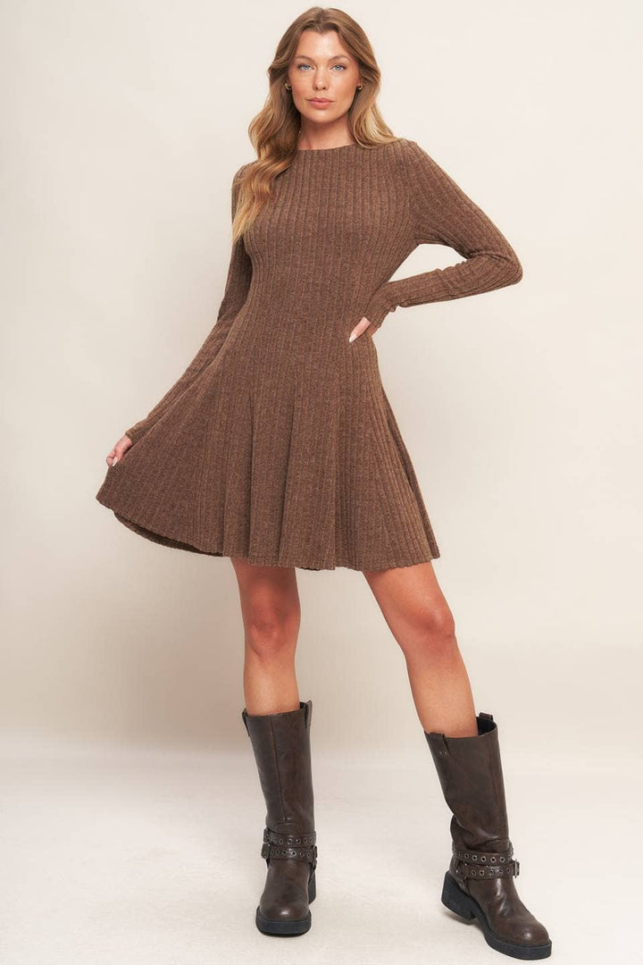 BRUSHED RIBBED KNIT MINI DRESS - BURNT TOFFEE