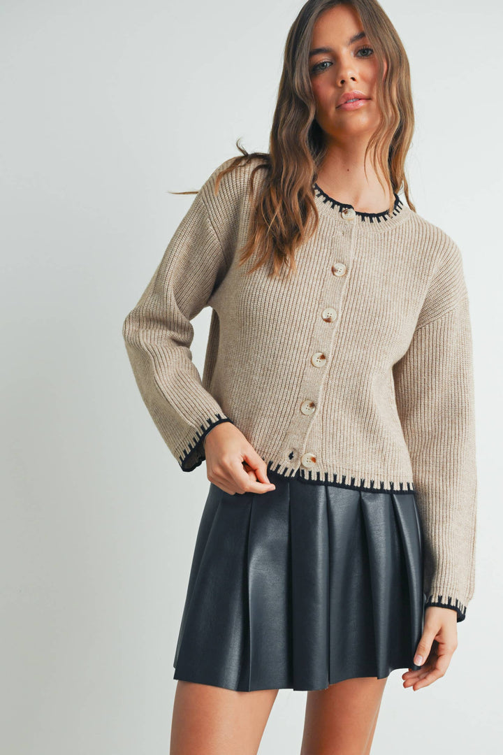 CONTRAST WHIPSTITCH CREWNECK CARDIGAN - TAUPE