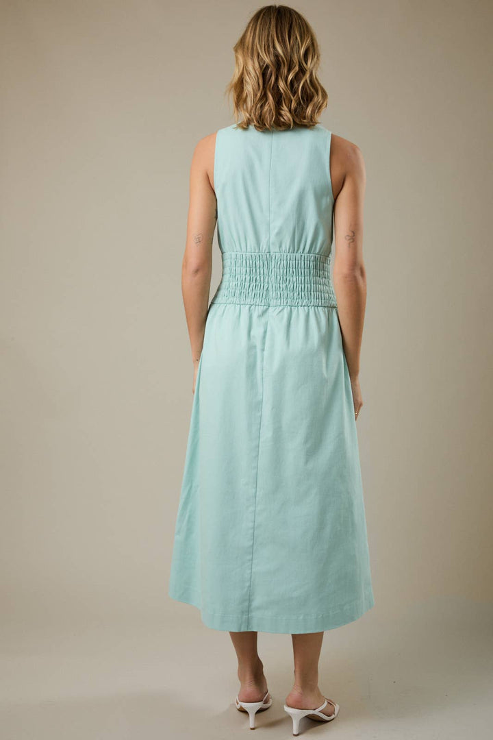 SLEEVELESS MIDI PLEATED STRETCH TWILL DRESS - MINT