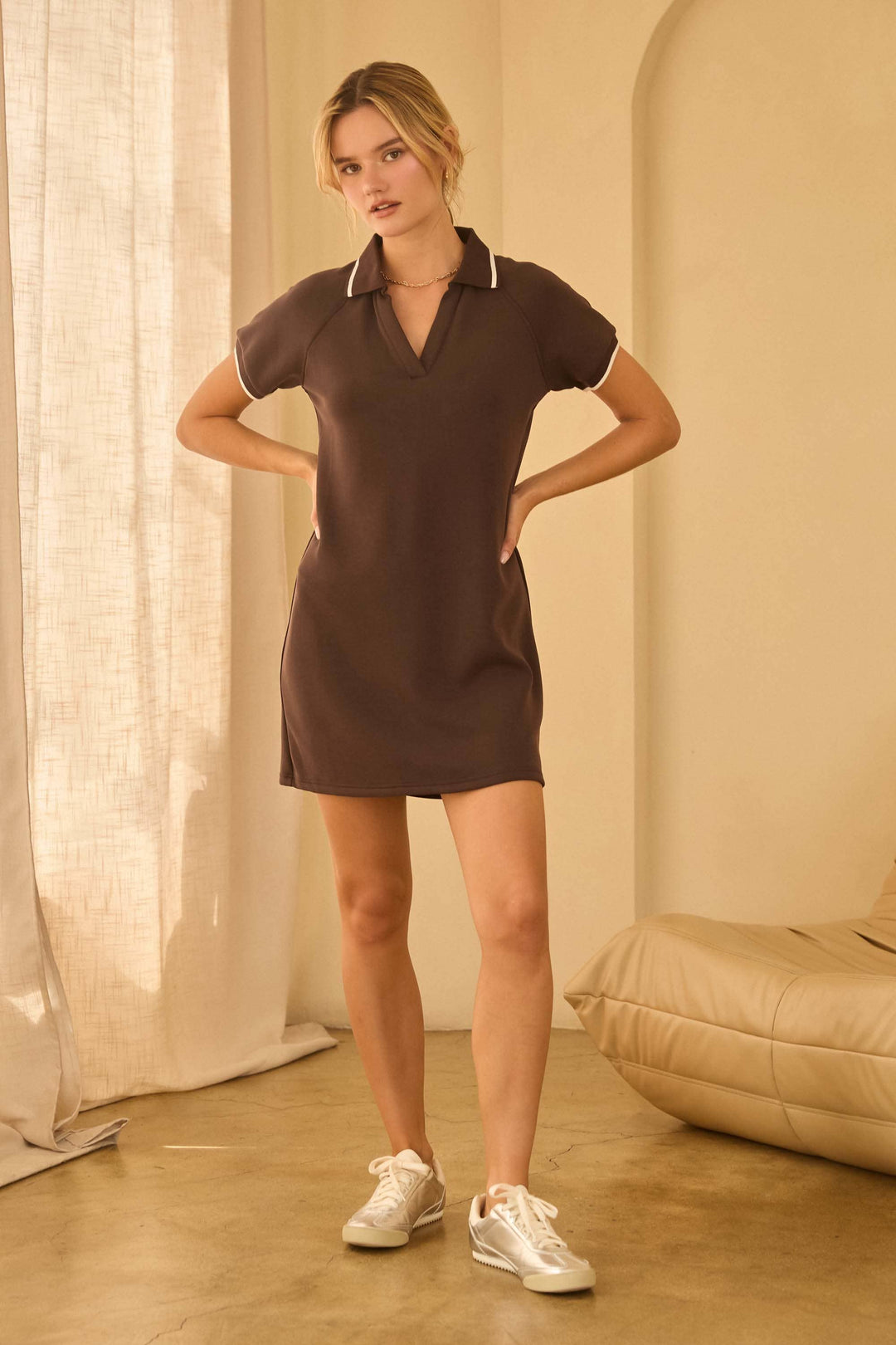 BRUSHED MODAL KNIT COLLARED MINI DRESS - ESPRESSO